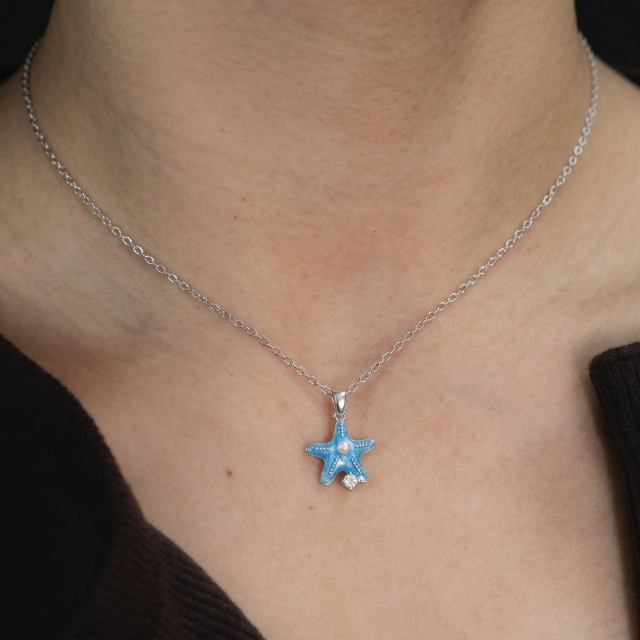 Blue Starfish & Pearl-Style Pendant Necklace