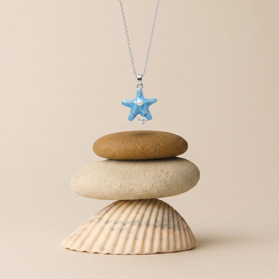 Blue Starfish & Pearl-Style Pendant Necklace