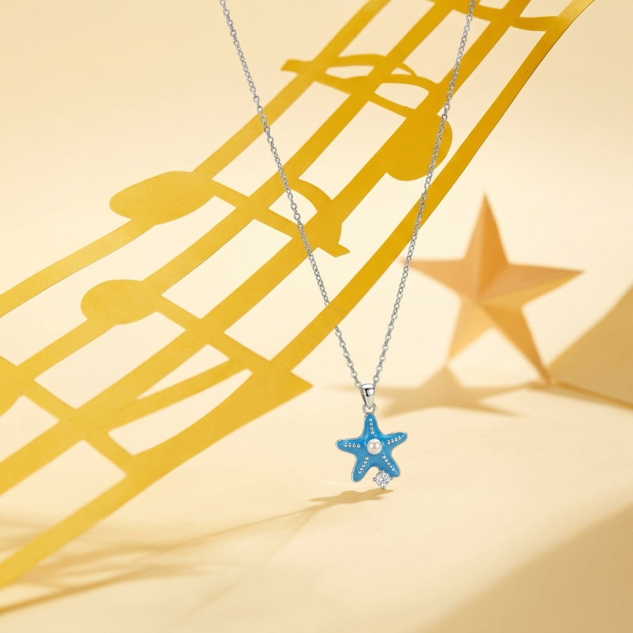 Blue Starfish & Pearl-Style Pendant Necklace