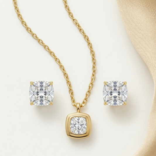 Square Diamond Necklace & Earrings Solitaire Combo Set