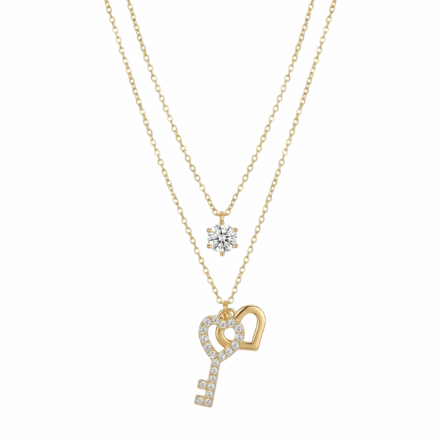 Double Layered Heart Key & Solitaire Necklace