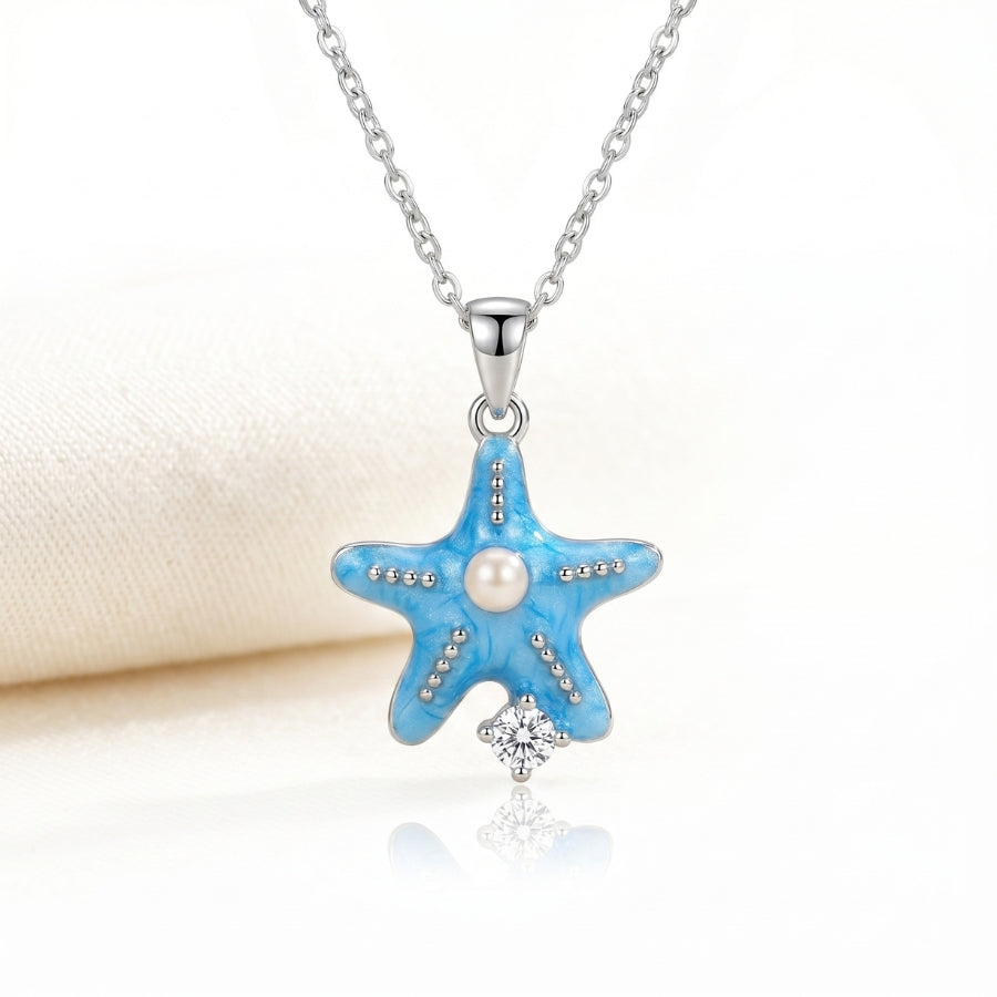 Blue Starfish & Pearl-Style Pendant Necklace