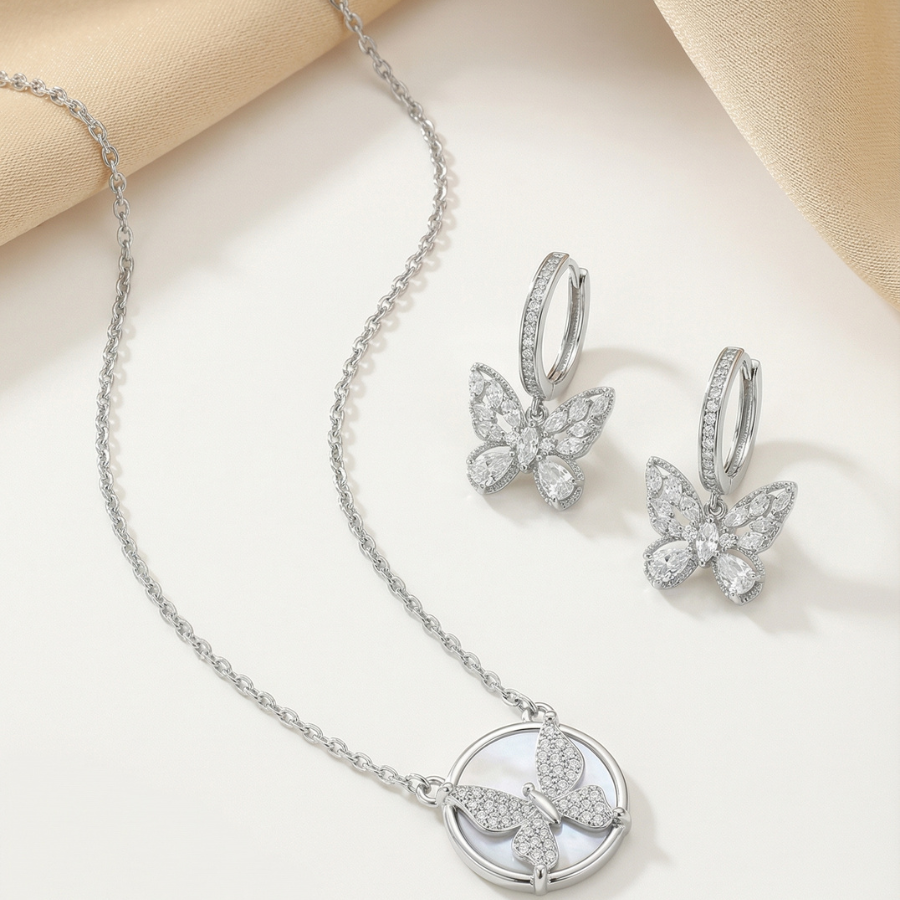 Round Butterfly Necklace & Dangle Hoop Earrings Combo Set