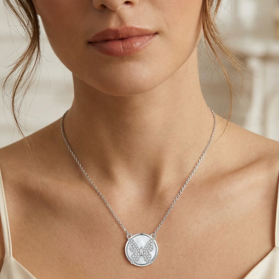 Round Butterfly Necklace & Dangle Hoop Earrings Combo Set