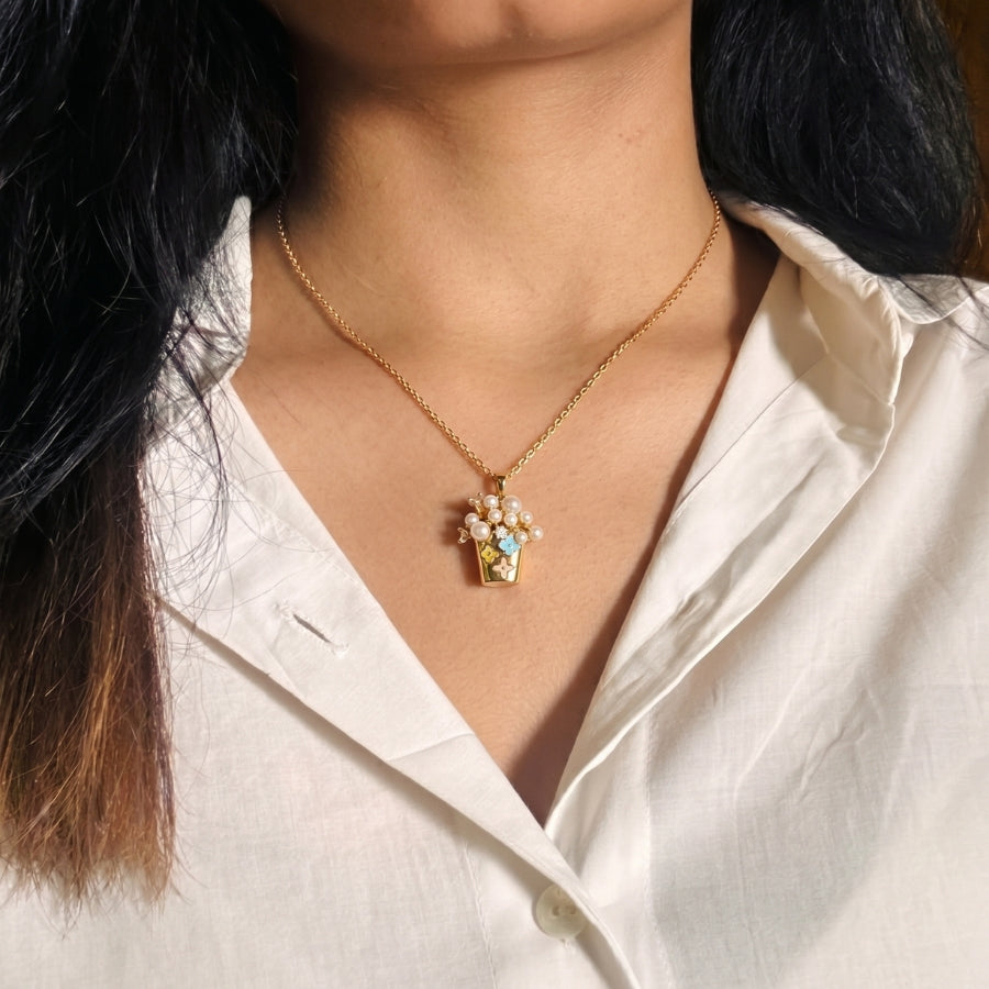 Turquoise Flower Pot Pendant Necklace