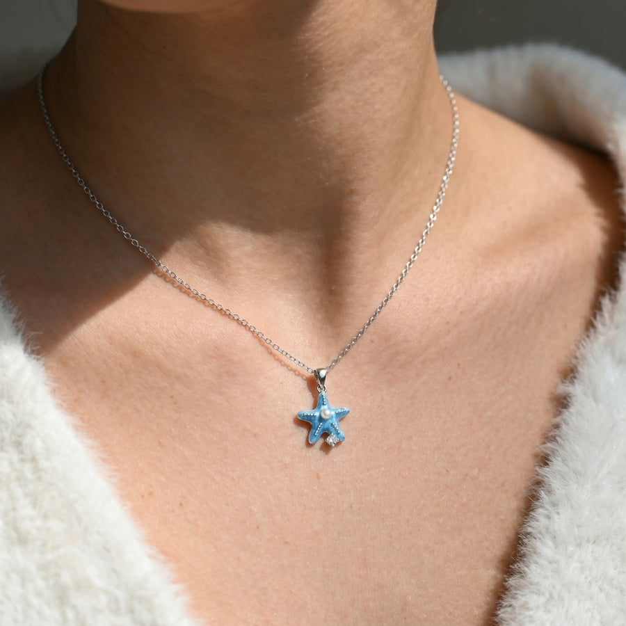 Blue Starfish & Pearl-Style Pendant Necklace