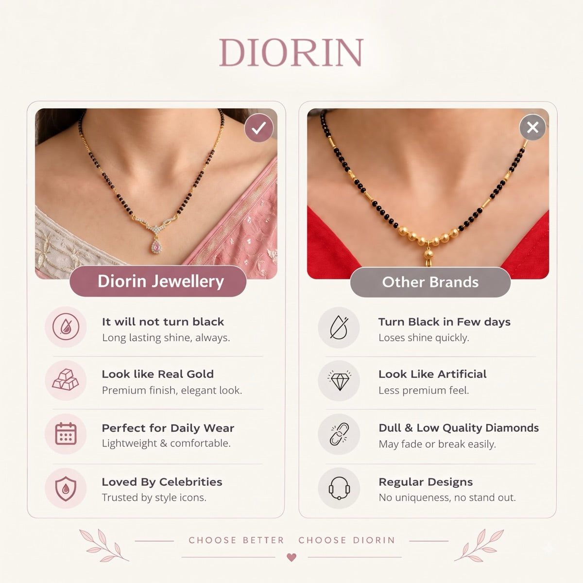 Diorin jewellery compared with other brands: it will not turn black, looks like real gold, perfect for daily wear